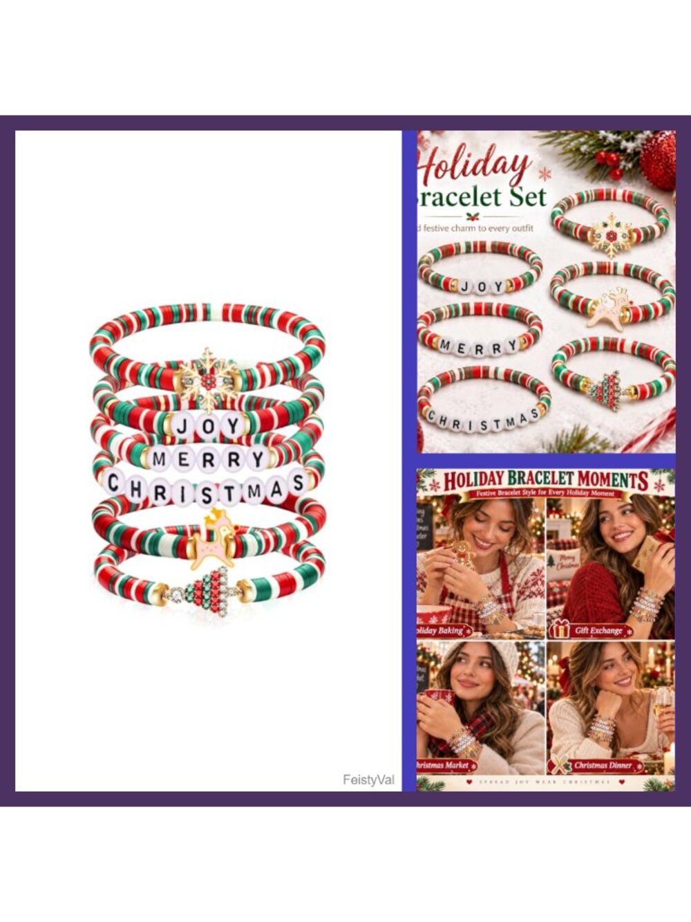 Christmas Stretch Bracelet Set Joy Merry Letter Bead Holiday Jewelry